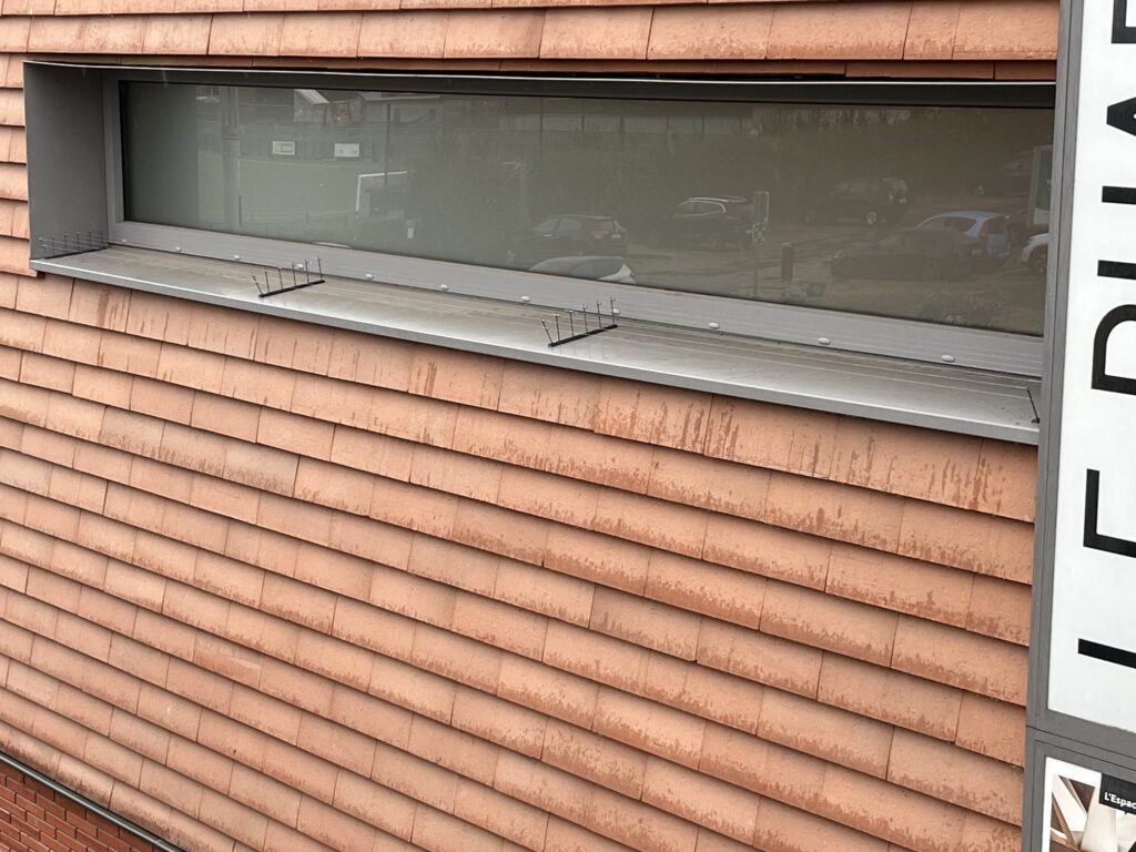 Rebord de fenêtre équipé de fils tendus sur une façade au revêtement rouge
